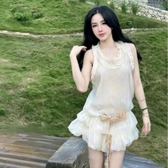 Đầm tiểu thư mẫu mới hai dây bèo phối chân váy xòe tầng sang chảnh váy tầng bèo nhún mặc đi chơi hac