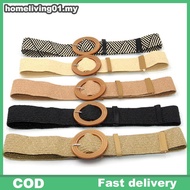 ho Summer Women Elastic Belt Round Buckle Vintage Boho Straw Woven Belt Dress Belt  living