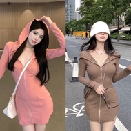 Short Dress Front Zip + Hood Long Sleeves 2 Colors Pink-Brown 19OCT22