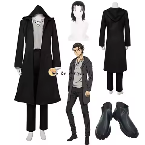 Attack on Titan Final Season 4 Eren Jaeger Anime Cosplay Costumes Wig Shoes Black Hooded Trench T-sh