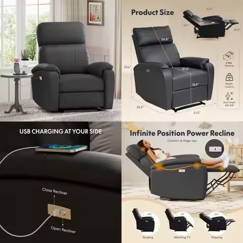 Power Electric Recliner Chair USB Thick Cushion Padded Back Faux Leather Living Room, Customized