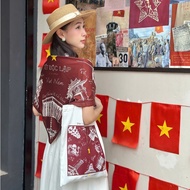 GERME Red Bandana silk scarf with capital symbol construction motifs, Satin autumn scarf 70x70cm one