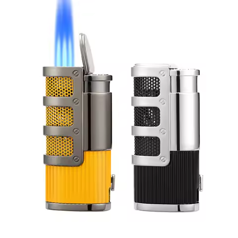 Luxury Cigar Lighter Refillable Butane Gas 3 Torch Jet Flame Windproof Smoking Lighter W/ Cutter Pun