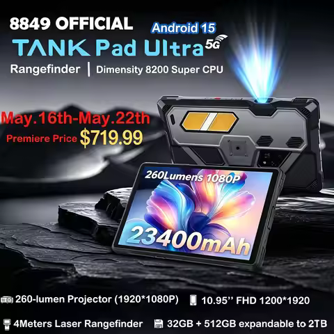 8849 Tank Pad Ultra Unihertz Rugged Tablet with Projector 260 Lumens 1080P 23400mAh 5G Android15 Wif