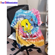 Plus-size Tie-dye Tweety Bird and Letter Pattern Casual Crew Neck Short-sleeved T-shirt - Perfect fo
