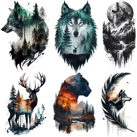 Forest Wolf Animals Iron on Patches Bear Deer Animal vinyl Stickers for Clothes Heat Transfer Sticke
