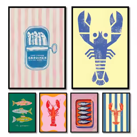 Colourful Lobster Fish Marine Animal Painting Calligraphy Canvas Poster Wall Art Aesthetic Home Deco