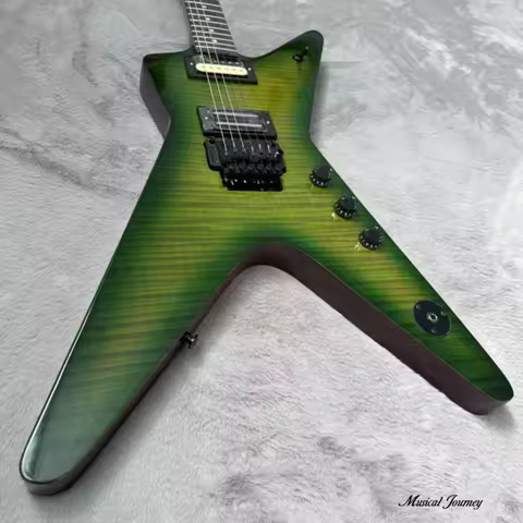 For Green Tiger Stripe Fork Electric Guitar In Stock | Flamed Maple Top, Explorer Body, High-Output