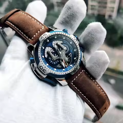 Reef Tiger/RT Luxury Brand Blue Military Watch Men Leather Strap Steel Automatic Watch Waterproof Re