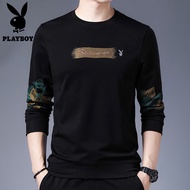 PLAYBOY เสื้อสเวตเตอร์ผู้ชายเสื้อยืดแขนยาวคอกลมชุดผู้ชายเสื้อตัวในฤดูใบไม้ร่วงเสื้อผู้ชายผ้าฝ้ายแท้แ