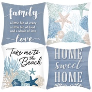 [Single Side] Blue Beach Starfish Pattern Pillowcase 45x45cm Linen Cushion Cover Home Decor