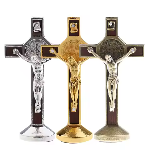 9cm Metal Crucifix Cross Statue Jesus Christ Model with Sticky Base Christian Crucifix Catholic Home