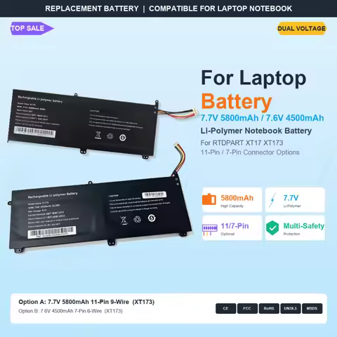 7.7V/7.6V 5800mAh/4500mAh Replacement Laptop Battery for RTDPART XT17 XT173, 11-Pin/7-Pin Connector 
