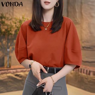VONDA ผู้หญิงอารมณ์ง่ายๆแขนสั้นพองเสื้อยืดคอกลมหลวมเสื้อนอกแบบสวมหัวพื้น (เดินทางเกาหลี)