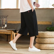 Men Cotton Linen Cropped Pants Ethnic Style Plain Color All-Match Linen Cropped Pants Breathable Swe