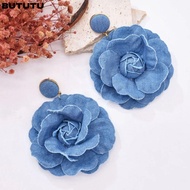 BUTUTU Blue Rose Earrings, Exaggerate Denims Denim Blue Fabric Earrings, Handmade Ornament Denim Flo
