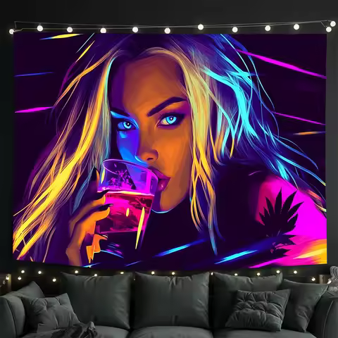 "Neon Girl Drinking Cocktail Wall Tapestry - Cyberpunk Pop Art, Glamour Portrait with Vibrant Colors