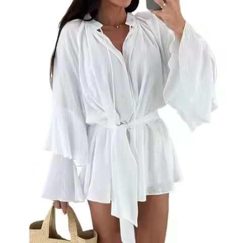 Women Irregular Loose Ruffle Dress Summer Lady V Neck Long Flare Sleeve Solid Blouse Dresses BSZE-ST