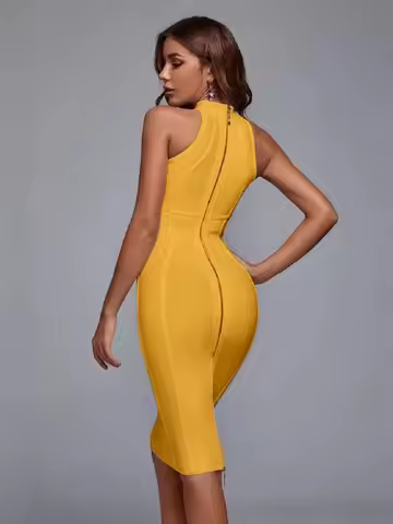BEAUKEY Classic Ginger Luxury Designer Women's Bandage Dress Sleeveless Midi Evening Clothing Party 