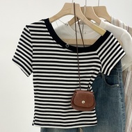 Y6Y-Sexy Off-Shoulder Striped Short-Sleeved T-Shirt Korean Style For Women In Summer