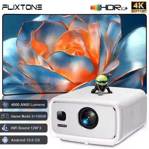 FlixTone D10S 4000 ANSI Full HD 1080P Projector for Movies, Android 15 WiFi 6 Beam Projector for Hom
