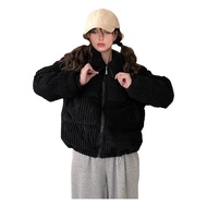 Womens Winter Jacket Corduroy Puffer Short Down Jacket Warm Quilted Cotton Coat Stand Collar Outerwe