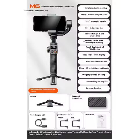 Hohem-iSteady M6 Kit Gimbal for Smartphone, 3-Axis Gimbal, AI Tracker, Fill Light, for iPhone 16 Pro