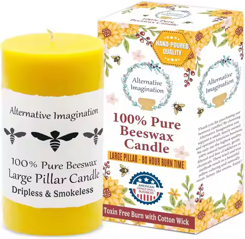 100% Pure Beeswax Pillar Candle – Large 3x6 Inch Handmade Candle with 80-Hour Burn Time – Natural Ho