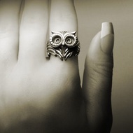 貓頭鷹愛心翅膀銀戒指