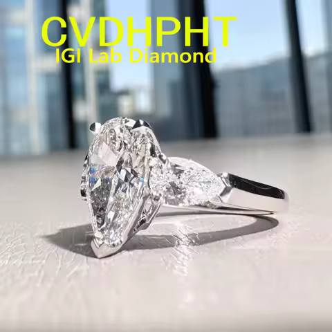 1 2 3 4 Ct D VS1 Lab Grown diamond RingThree diamonds Pear cut Engagement Ring Real 18K White Gold e