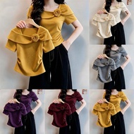 Ice Silk Threaded Gypsy Slim Skinny Shawl Square Neck Rose T-Shirt Top