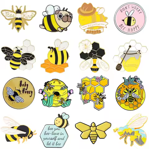 Cartoon Cute Insect Bee Enamel Brooch Pink Round Bee Butterfly Chain Pendant Alloy Pins Badge Sweet 