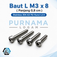 Bolt L M3 x 8 (Length 0.8 cm) Stainless 304 A2-70/ L2.5 Key
