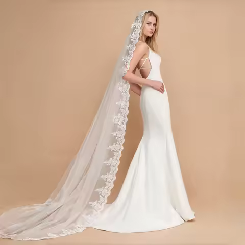 Luxury Bridal Lace Veils Long Style with Floral Edge Wedding Mantilla Veil and Accessories for Bride