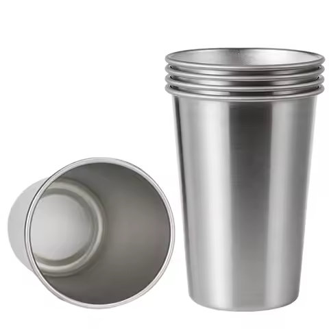Set of 5 Stainless Steel 500ml 350ml Pint Cups Stackable Single Wall Tumblers Eco Friendly Metal Dri
