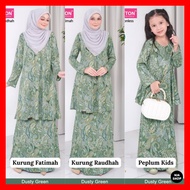 Raya 2024 Dhia Cotton Ironless Set 349 Dusty Green Baju Kurung Fatimah Raudhah Peplum Kids Sedondon Ibu Dan Anak