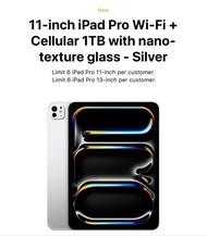 全新行貨未開  nano iPad Pro 11吋 1TB M4 WiFi + 流動網絡 Cellular 配備 納米 紋理 玻璃 Nano Texture Apple 銀色 Silver