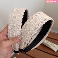 ALMA1DQ Hair Hoop, Lace Beige Headband, Retro Anti-slip Wide Edge Pearl Hair Band Hair Women Accesso