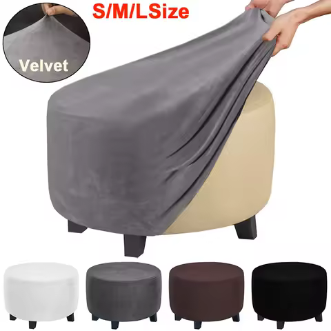 Velvet Round Ottoman Slipcover Elastic Stretch Footstool Protector Plush Storage Stool Ottoman Chair