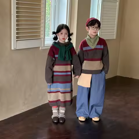 Children Sweater Autumn Winter Sibling Attire Korean Colorful Striped Hooded Knitted Dress For Kid G