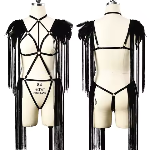 Goth Rave Feathers Tassel Epaulette Body Harness Fetish Bralette Panties String Tassel Set Punk Pole