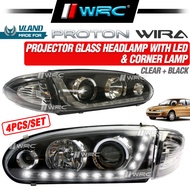 Vland Proton Wira Projector Glass Headlamp With Led + Corner Lamp ( Clear + Black )