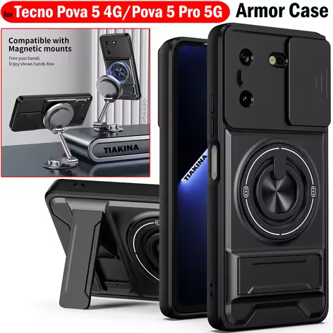 Slide Lens Funda for Tecno pova 5 4G Case Rotate Magnetic Ring Cover for Tecno pova 5 Pro 5G Armor C