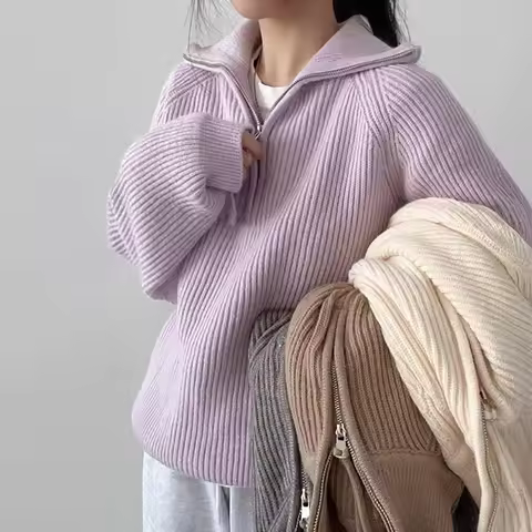 Quarter Zip Sweater Pullover Women Chunky Knit Polo Collar Oversize Jumper Sweater Jacket Teen-girl