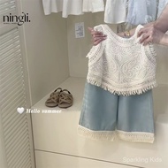 Girls' Boho Crochet Tank & Denim Shorts Set, Kids Retro 2-Piece Summer Outfit