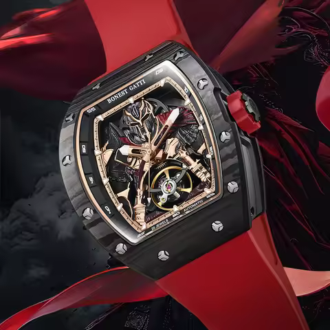 BONEST GATTI New Luxury Design Warrior Embossed Mechanical Men Watch Carbon Fiber Case Quality Wrist