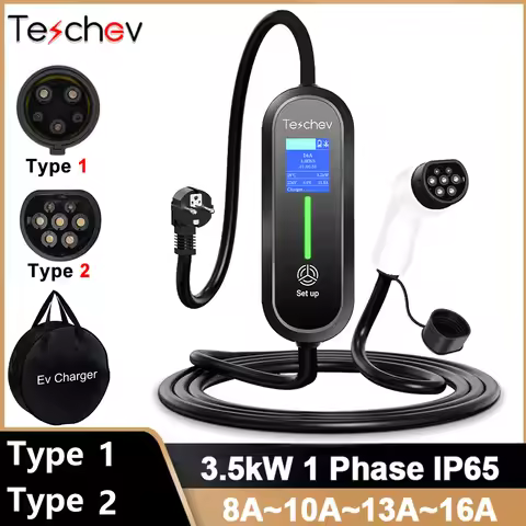 Teschev 220V 230V J1772 Type1 EV Charger 3.5kW Type2 Portable Charging Cable 16A EVSE Charging Stati
