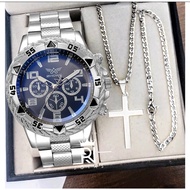 Men's Watch Set + Necklace with Cross Fashion Casual Three-dial Large Watch
