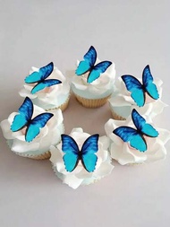 12入組可以食用的藍色蝴蝶紙蛋糕裝飾，蝴蝶蛋糕裝飾，杯子蛋糕裝飾，蛋糕頂端裝飾