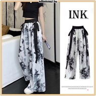 Ink Painting Ribbon Pants Women Ice Silk Straight Cut Palazo Slack High Waist Baggy Loose Wide Leg C